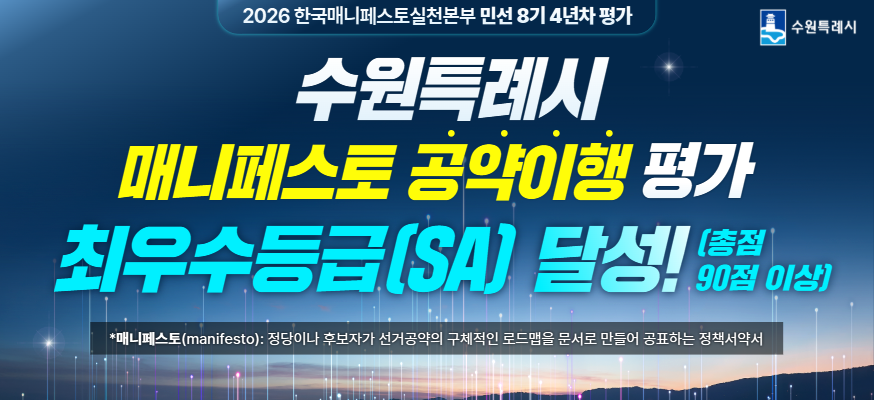 2026 한국매니페스토실천본부 민선8기 4년차 평가    수원특례시 매니페스토 공약이행 평가 최우수등급SA 달성 총점 90점 이상    매니페스토 manifesto 정당이나 후보자가 선거공약의 구체적인 로드맵을 문서로 만들어 공표하는 정책서약서